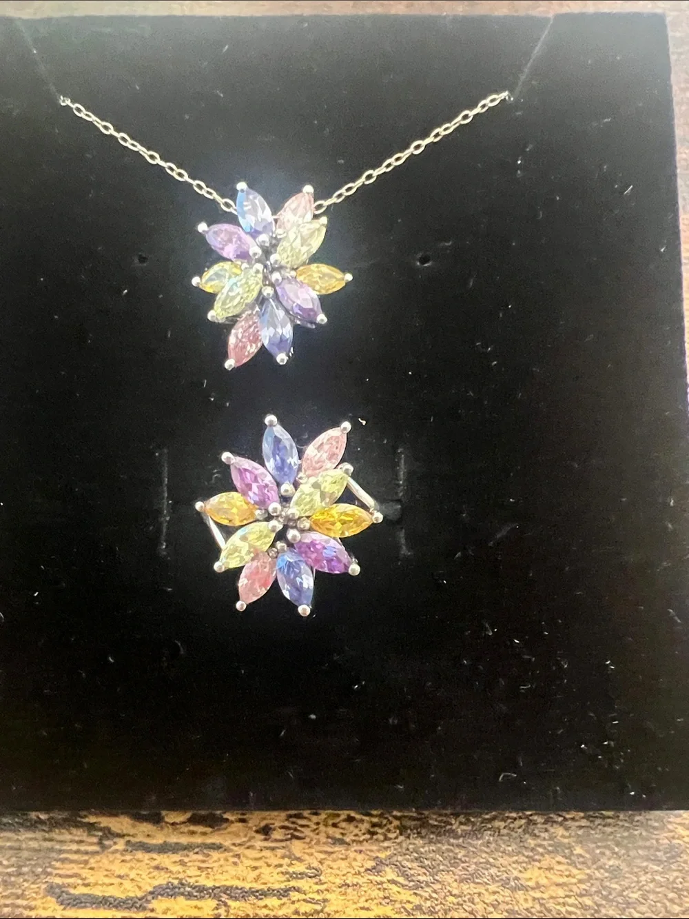 Sterling Silver Multicolor Floral Gemstone Pendant Necklace and Ring Set